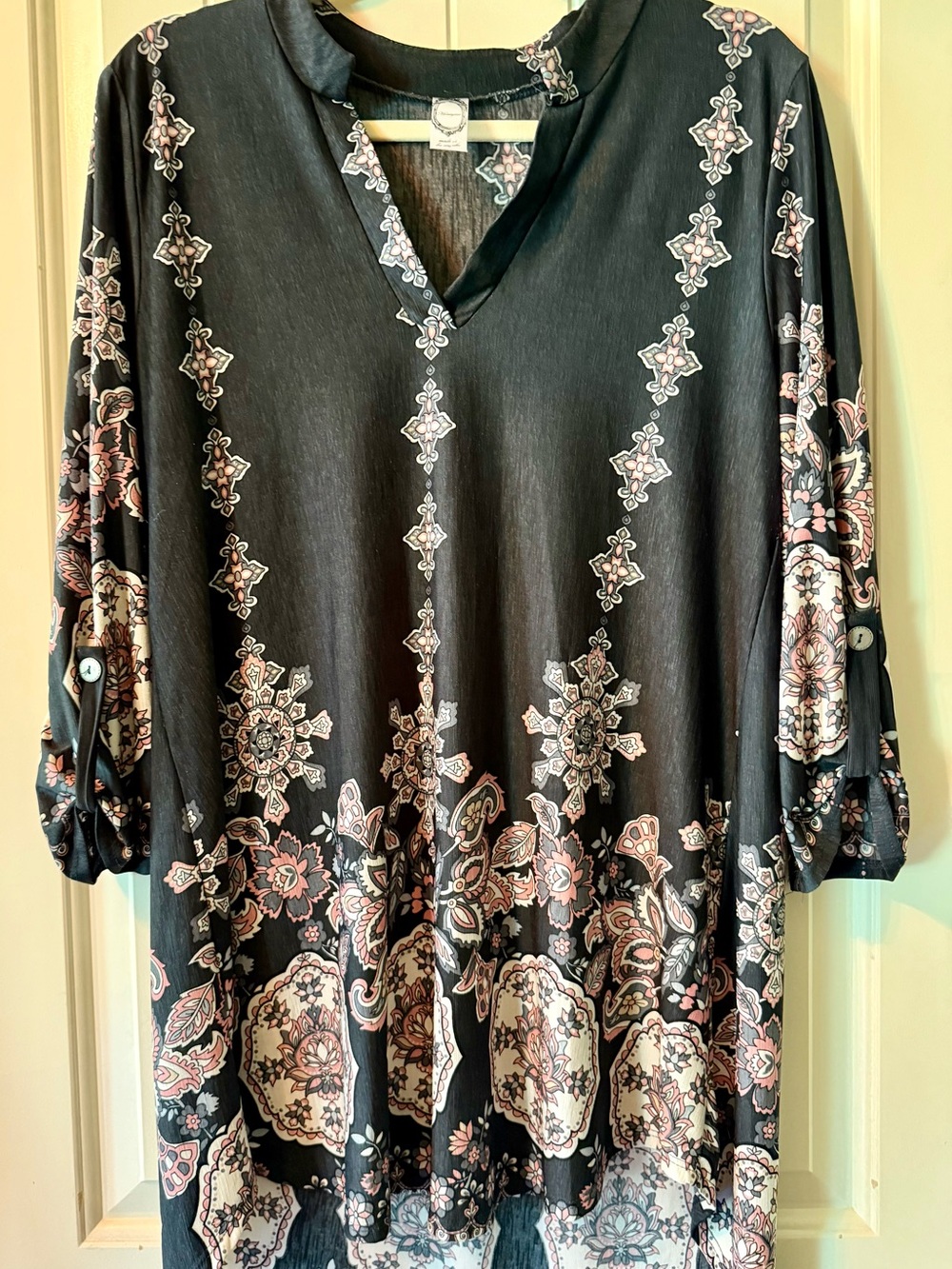 Honeyme Black Floral Medallion Tunic with Cream and Pink Accents